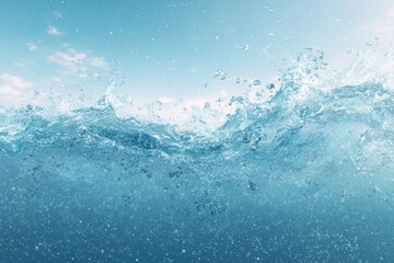 Dynamic ocean wave with splashing water, airy sky, and subtle light, creating a sense of movement and freshness