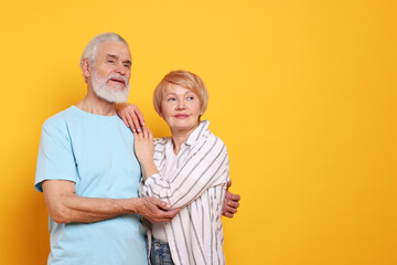 Lovely senior couple on orange background. Space for text