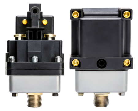 Industrial pressure switch with threaded metal base and black plastic housing on a transparent background