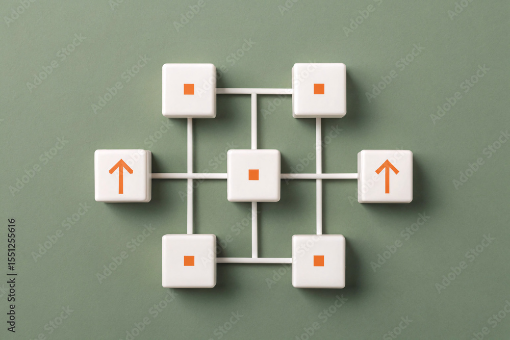 Poster abstract network of white cubes with orange arrows and squares isolated on white background