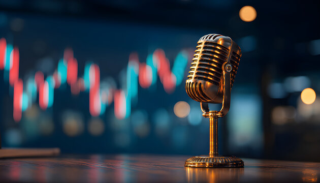 Retro glowing microphone with blue stock market chart background. Podcast audio recording radio report concept.