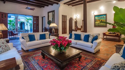 Elegant colonial-style living room with white sofas, ornate rug, and courtyard view