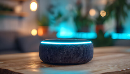 Smart speaker with Alexa voice assistant. Modern tech device with blue neon lights stands on wooden table. Wireless audio speaker for home