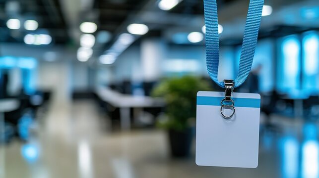 ID badge hangs, office blur background