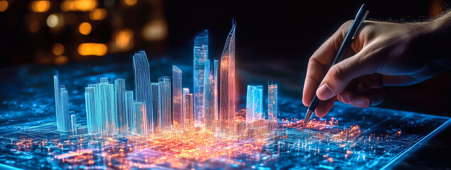 An architect brings architectural designs to life with 3D holographic construction models. The concept of innovation in architecture and futuristic design. Generative Ai.