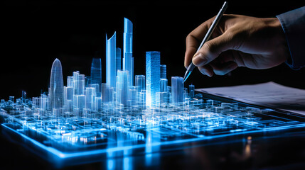 An architect brings architectural designs to life with 3D holographic construction models. The concept of innovation in architecture and futuristic design. Generative Ai.