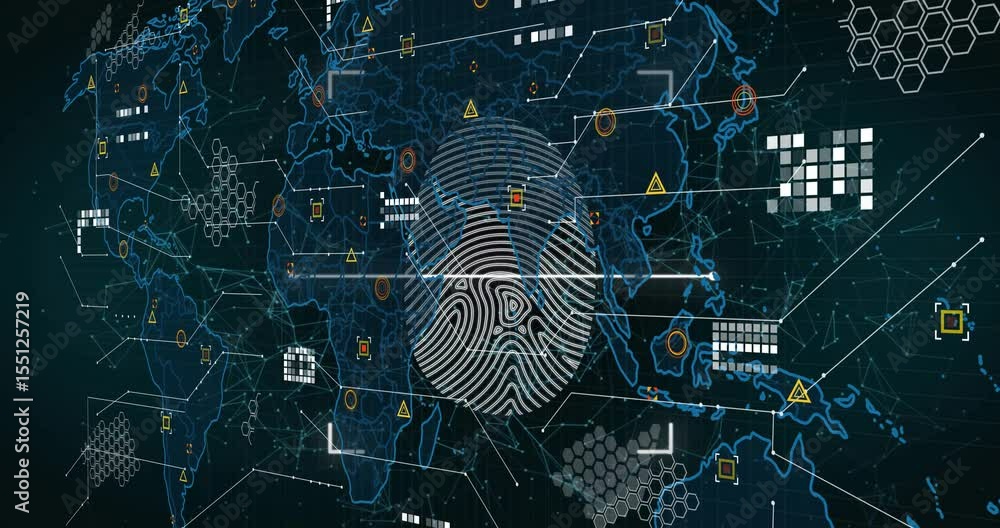 Poster reticle brackets initiating fingerprint scan, network icons pulsing as scanning beam analyzing data