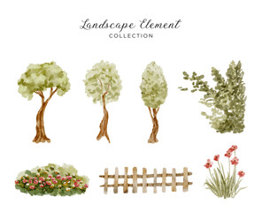 landscape element illustration watercolor collection; tree, floral bushes, fence