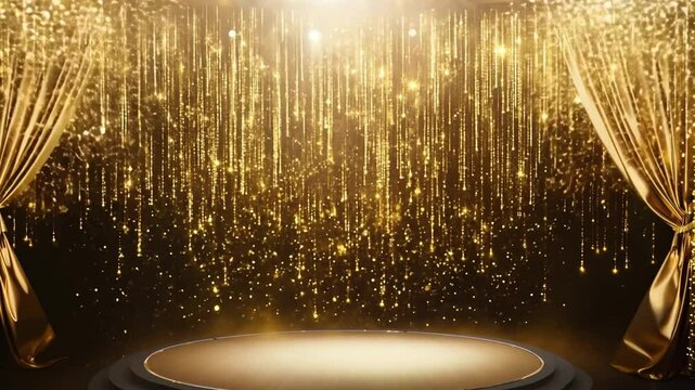 Glittering Gold Stage: An empty stage is illuminated by a bright spotlight, adorned with gold curtains and shimmering sparkles, creating a glamorous and celebratory ambiance.
