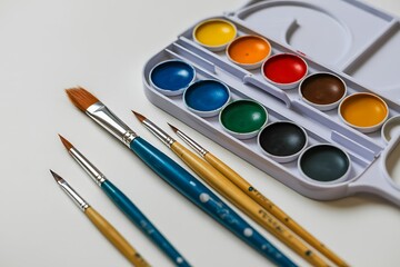 Obraz premium Watercolor Painting Supplies: Brushes and Paint Set for Artistic Expression