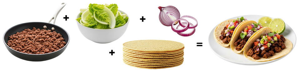 Ingredients for making delicious beef tacos on white background  