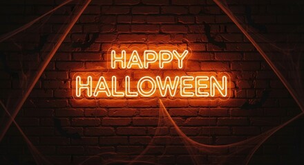 Happy Halloween orange neon sign glowing on brick wall background with spooky cobweb and bat decoration for holiday celebration.