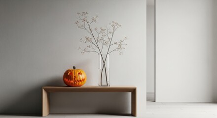 Jack-o'-lantern and dried flowers in a vase on a wooden bench. Halloween decoration with spooky pumpkin. Autumn holiday concept.