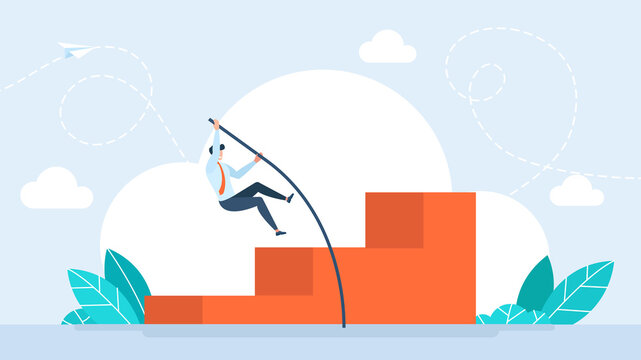 A businessman is pole vaulting onto the podium. Business growth, improvement or high percentage increase of earning and profit. Concept of Business increase earning and profit. Flat illustration