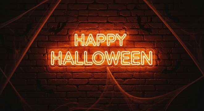 Happy Halloween orange neon sign glowing on brick wall background with spooky cobweb and bat decoration for holiday celebration.