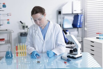 Scientist working with sample in Petri dish at table in laboratory
