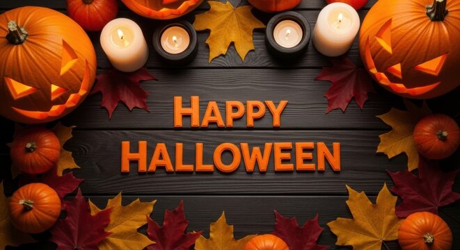 Happy Halloween text with illuminated jack-o’-lantern pumpkins and autumn leaves on dark wood background for holiday celebration.