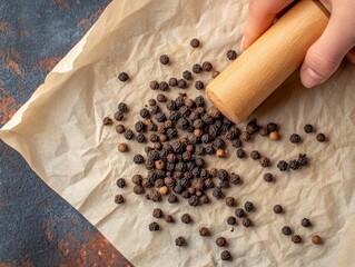 A hand crushing black peppercorns with a rolling pin on parchment paper