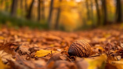 Acorn on Autumn Forest Floor Surrounded by Colorful Leaves