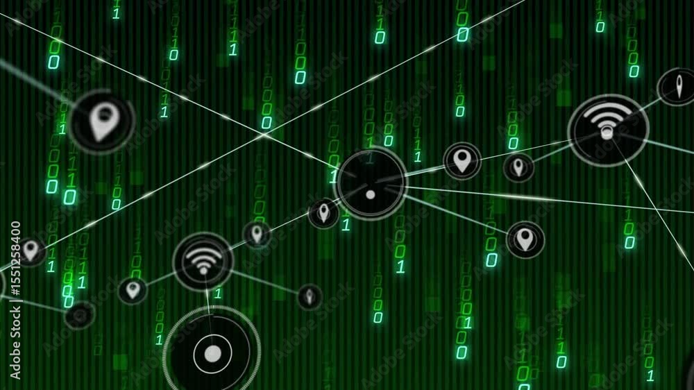 Poster central node sending lines across code backdrop, spawning pin icons forming tech network
