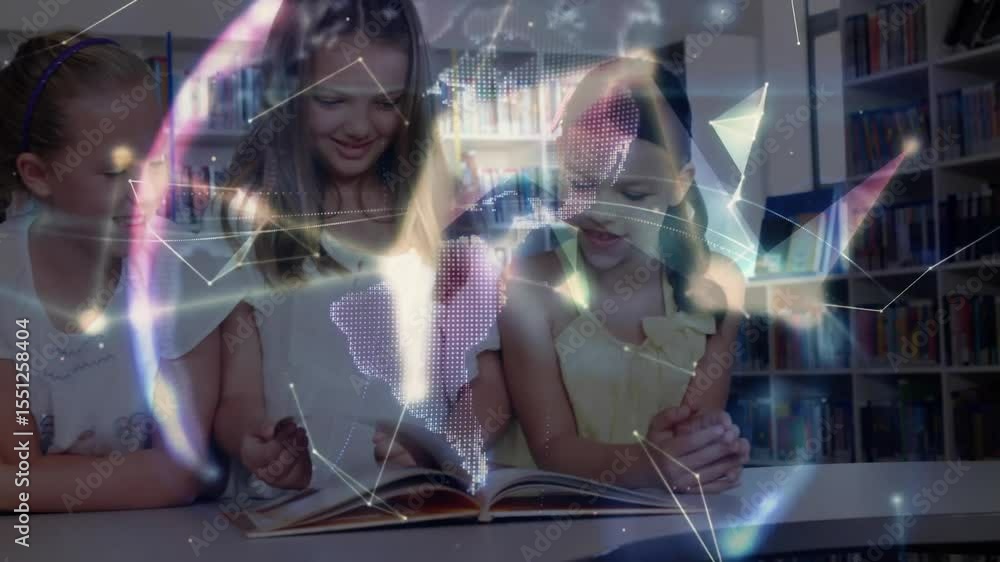 Aufkleber three girls focusing on book page in education while creating network lines forming rotating globe