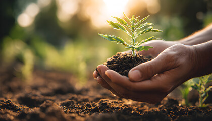 Fototapeta premium Hands carefully plant seedling in fertile soil. African person nurtures new life, growth in agriculture. Green sprout, fresh plant, care.