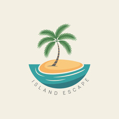 Obraz premium Tropical Island Escape Logo Design Palm Tree on Sandy Island Surrounded by Teal Ocean Waves Beige Background Simple Minimalist Style Vacation Travel Concept