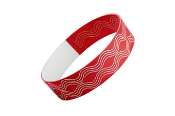 A red wristband with white wavy lines on a black background in a studio shot close up view