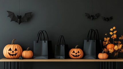 Halloween party concept with black paper shopping bags on a shelf, pumpkins, and bat decorations 