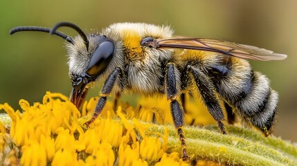 Close-up view of a bee gathering nectar from a vibrant yellow flower in a natural habitat during sunny weather