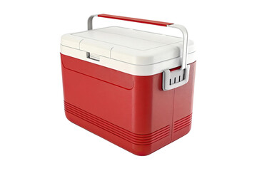 A red and white cooler with a handle on a black background in a studio shot for product display
