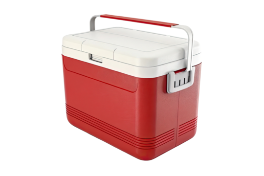 A red and white cooler with a handle on a black background in a studio shot for product display