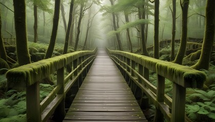 Fototapeta premium A wooden bridge winds through a misty forest, creating a serene and enchanting scene.