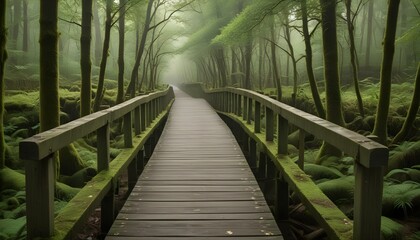 Wooden bridge leading through a misty forest, creating a peaceful scenic landscape.