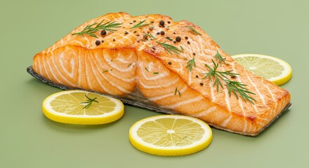 Succulent Grilled Salmon Fillet Garnished with Lemon Slices and Fresh Dill Sprigs