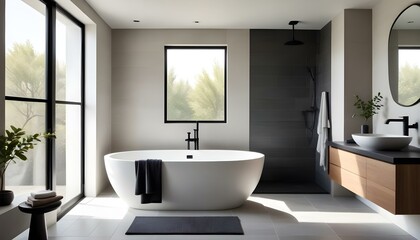 Modern bathroom interior with a freestanding bathtub and elegant design.