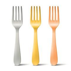 Vector 3d Fork Set Isolated on White. Realistic Silver, Gold and Copper Fork Icon. Metal Cutlery Illustration. Tableware Utensils, Restaurant, Kitchenware, Dinnerware, Food Serving Design Template