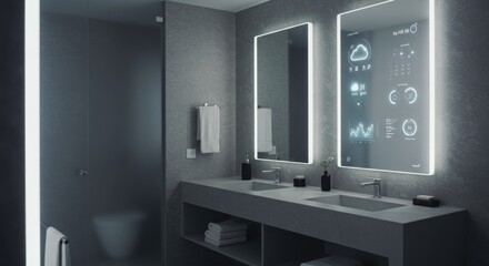 Modern Bathroom with Illuminated Mirror Displaying Digital Information