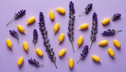 Fototapeta premium Beautiful lavender flowers and yellow capsules are arranged on a purple backdrop.