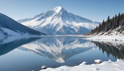 Stunning winter scene with a snow-capped mountain reflected in a tranquil lake.
