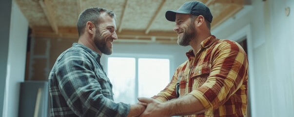 Construction worker and contractor. Client shaking hands with team builder in renovation site., Generative AI