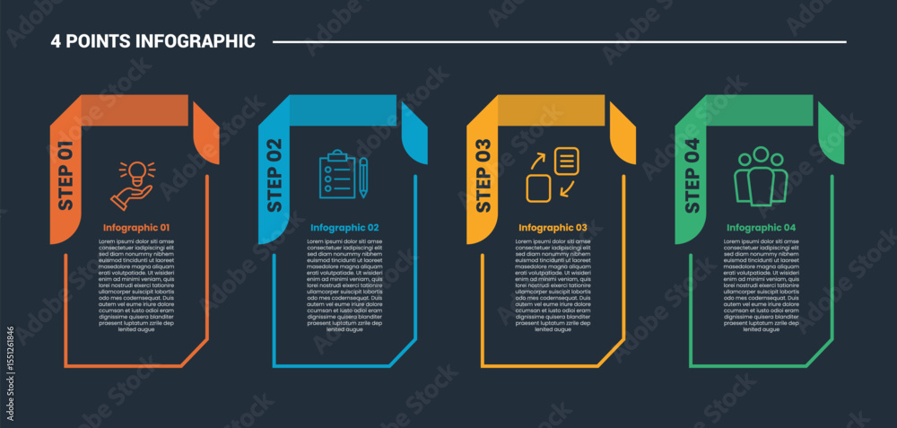 Poster 4 stage infographic process diagram with vertical box with ribbon folded with dark background bright