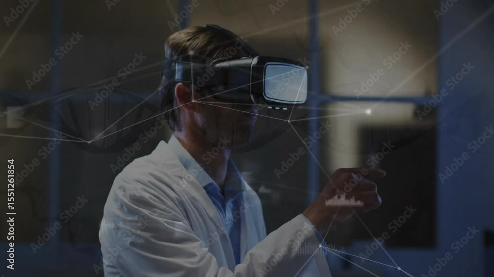 Poster researcher wearing vr headset gesturing in lab and engaging floating network nodes inspecting data