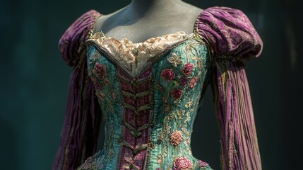Historical corset display showcasing intricate design and craftsmanship at a fashion exhibit from the Renaissance era