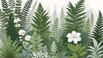 Fototapeta premium The artwork showcases a vibrant green jungle with delicate white flowers, evoking a sense of peace.