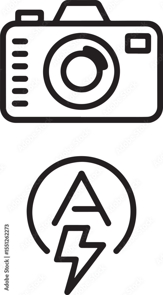 Poster vector graphic icons depicting photography equipment and automatic mode, designed with a minimalist 