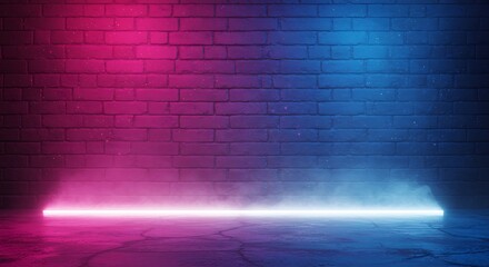A vibrant brick wall bathed in striking neon pink and blue light, emanating from a glowing strip, creates a dynamic, cyberpunk-inspired urban backdrop perfect for modern advertising.