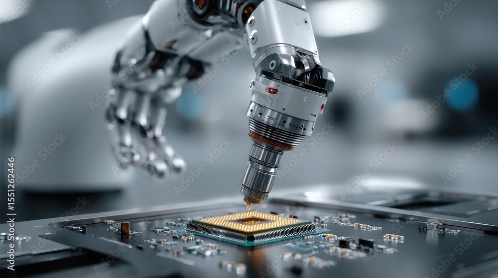 Poster robotic arm installing microchip: precision automation in tech