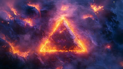 Illuminated fiery triangle surrounded by volcanic landscape and astral skies