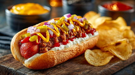 A hot dog with a sausage in a soft bun. The sausage is covered with thick tomato sauce and garnished with pickled onions, mustard, and fresh herbs. Crispy chips are placed around the sausage.